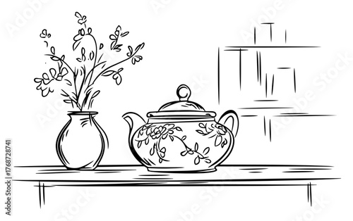 Vintage floral teapot and vase on shelf – cozy kitchen still life hand‑drawn line art vector illustration