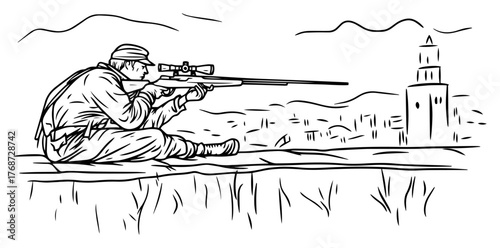 Sniper soldier crouched with rifle overlooking distant city – detailed military marksman line art vector illustration of tactical shooter in landscape
