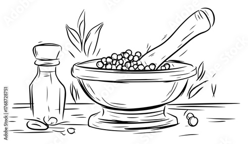 Herbal mortar and pestle with oil bottle – hand‑drawn line art vector illustration of natural medicine and culinary ingredients