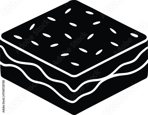 Black square layered cake icon with sesame seeds on top sweet dessert or baked good vector illustration