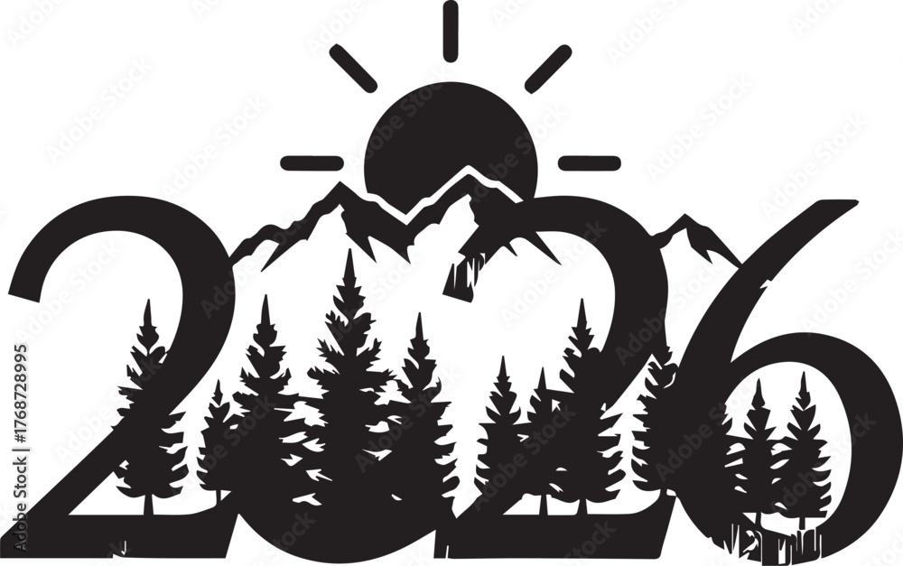 Fototapeta premium Nature Landscape 2026 Black Vector with Mountains and Sunrise