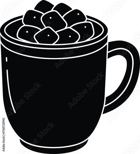 Hot chocolate mug with marshmallows black silhouette illustration isolated on transparent background warm beverage