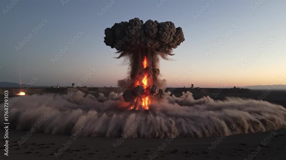 A Powerful Explosion Unfolds as Flames Erupt from the Ground, Creating a Massive Cloud of Smoke and Dust Against a Dusk Sky in a Desolate Landscape