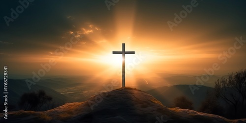The cross of God in the rays of the sun. Cross on the hill. Religious concept