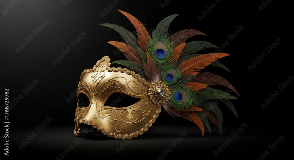 Naklejka premium Ornate gold masquerade mask with peacock feathers on dark background