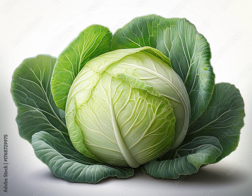 Fototapeta premium Fresh Green Cabbage Head with Large Outer Leaves, A Nutrient-Rich and Healthy Vegetable Still Life
