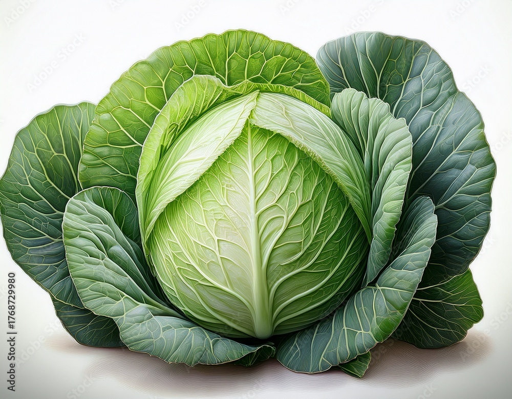 Obraz premium Fresh Cabbage Head Displaying Vibrant Green Leaves and Crisp Texture, Perfect for Healthy Cooking and Salads