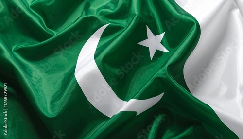 National Flag of Pakistan Waving with Crescent and Star on Green Field