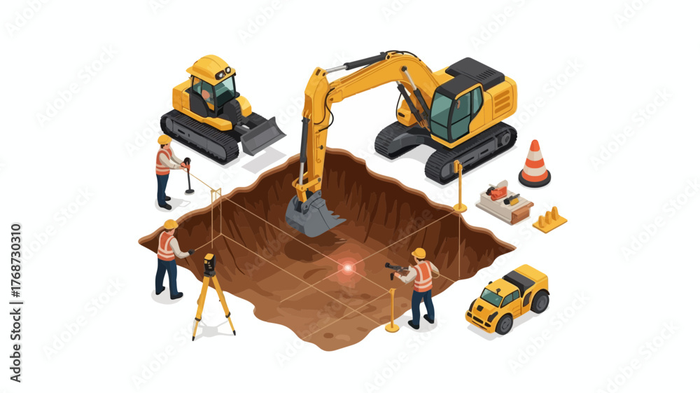 Fototapeta premium Isometric view of construction site with excavators workers and surveying equipment preparing foundation for building project