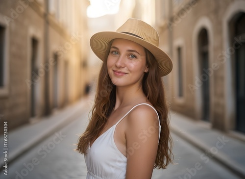 Smiling Woman in Straw Hat Posing on a Sunlit European Street