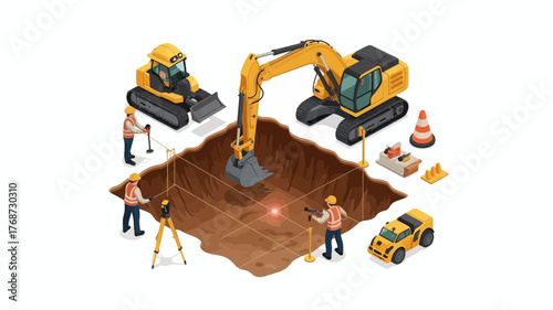 Isometric view of construction site with excavators workers and surveying equipment preparing foundation for building project