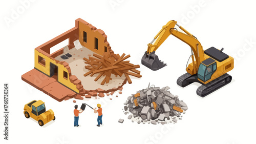 Isometric illustration of construction demolition site with excavator rubble pile and workers