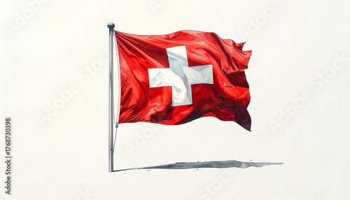 Waving Flag of Switzerland on Silver Pole with White Cross on Red Field