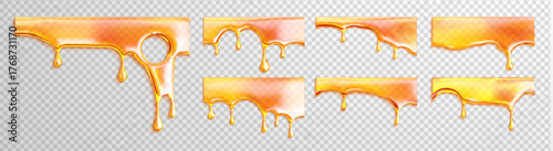 Set of realistic golden honey drips with transparent background in various flowing shapes and edges. Stream peanut and fudge down with set orange and vector splat illustration.