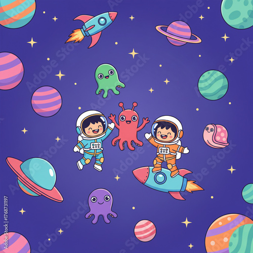 Seamless Space Pattern with Cute Cartoon Astronauts, Friendly Aliens, Rockets, and Colorful Planets on a Starry Dark Blue Background - Kids' Cosmic Adventure Fabric Print or Wallpaper Vector