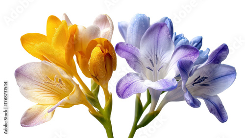 PNG of Vibrant freesia flowers in yellow, purple, and blue hues, showcasing delicate petals and intricate details.