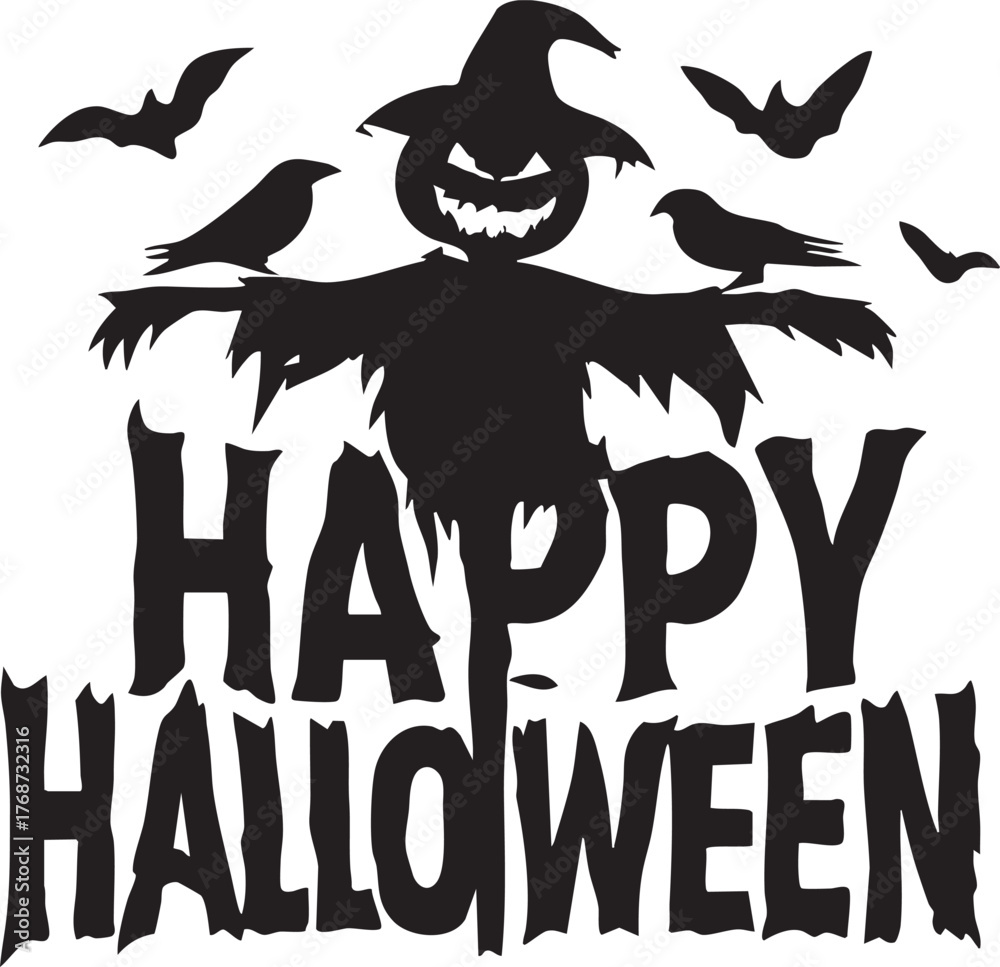 Fototapeta premium Happy Halloween Greeting with Scary Scarecrow Silhouette, Bats, and Crows Isolated on White Background