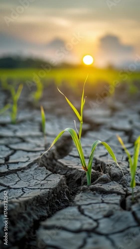 A small seedling grows out of the earthy ground, showing early signs of life