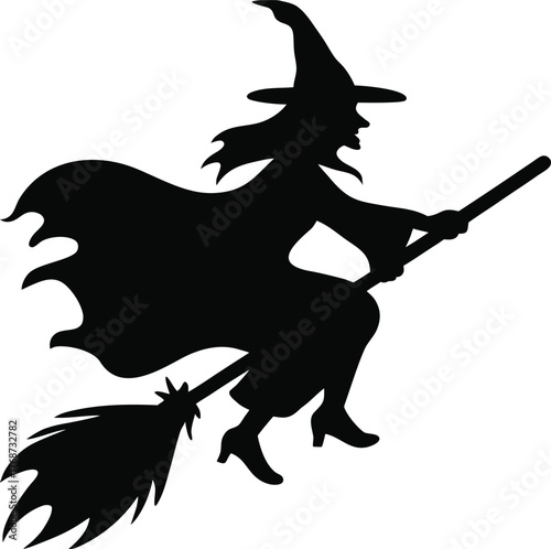 Classic Black Witch Silhouette Flying on a Broomstick Isolated on White Background
