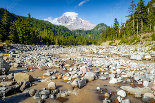 Slika na platnu Scenic view of Mount Rainier and Paradise river from Carter Falls Trail