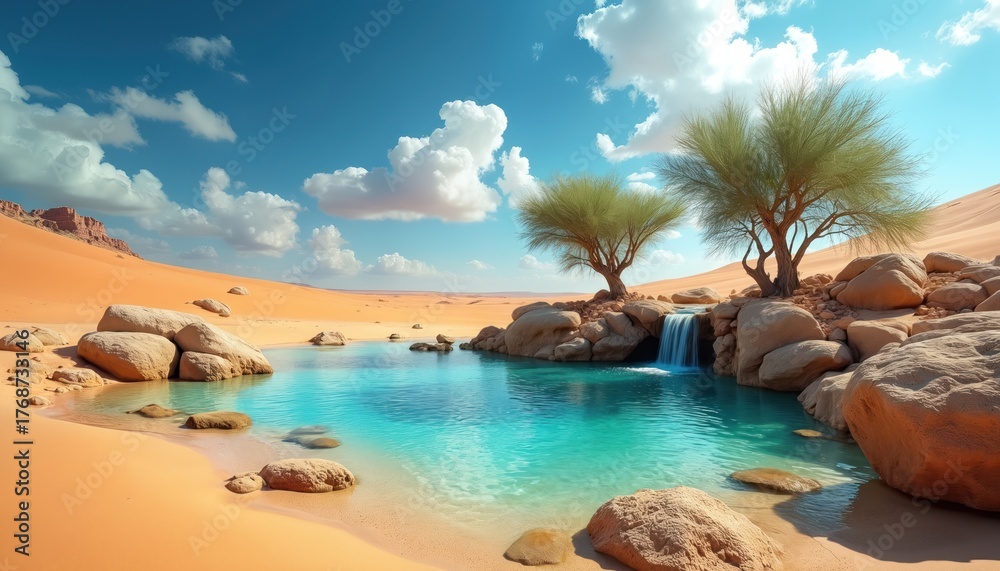 Naklejka premium Desert oasis with clear turquoise water, waterfall, sand dunes, green trees under blue sky with white clouds. Peaceful landscape offers natural beauty, solitude, perfect for travel or nature themes.