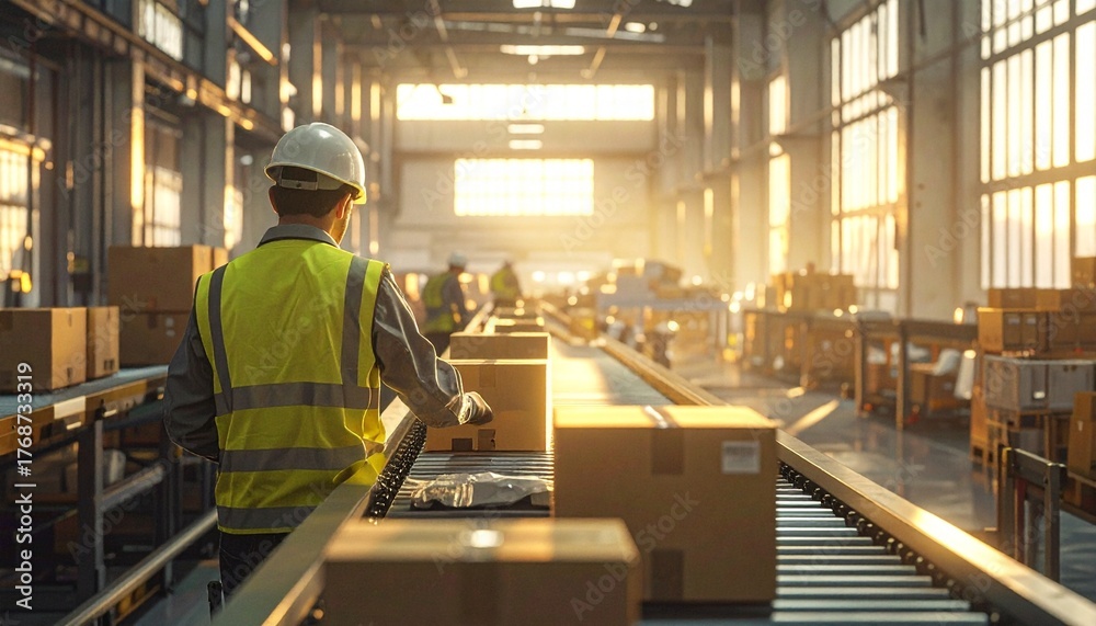Naklejka premium Packaging Line Operator Sealing Boxes at End of Shift