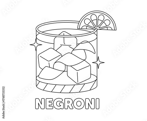 Negroni cocktail with ice cubes and orange slice, black and white line art vector illustration
