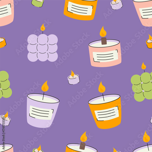 Decorative candles seamless pattern, cozy self-care and home decor illustration, flat vector design