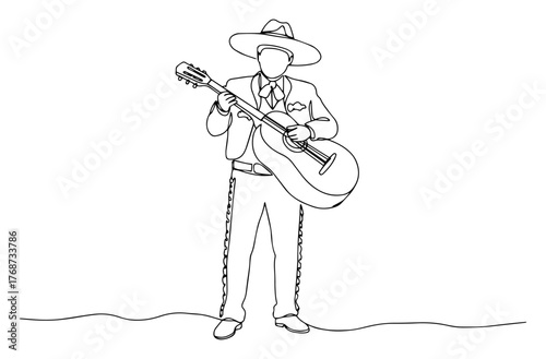 Continuous line art mariachi guitarist – minimalist one‑line vector illustration of Mexican musician in sombrero playing acoustic guitar