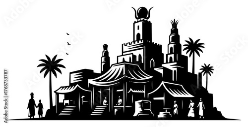 Arabian palace skyline silhouette – exotic Middle Eastern temple city with palm trees, bold vector illustration