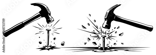 Hammer striking nail with flying sparks – dynamic construction impact scene, bold hand‑drawn vector illustration of carpentry tool in action