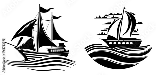 Stylized sailing ships on rolling waves – bold nautical silhouette vector illustration of classic tall vessel and modern sailboat