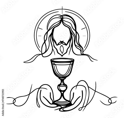 Eucharist continuous line art – Jesus with communion chalice minimalist sacred vector illustration