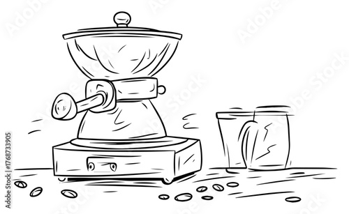 Manual coffee grinder sketch – vintage hand mill with beans and mug, hand‑drawn vector illustration