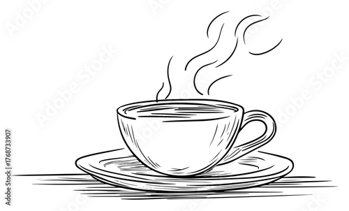 Steaming coffee cup on saucer sketch – minimalist hand‑drawn line art vector illustration of hot beverage aroma