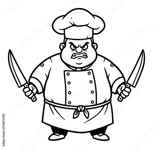 Angry chef mascot with twin knives – fierce cartoon cook character, bold line art kitchen logo vector illustration