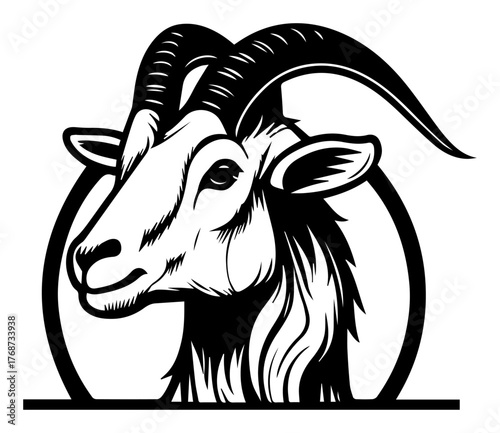 Mountain goat head emblem – bold ram horns circle badge, wildlife logo vector illustration