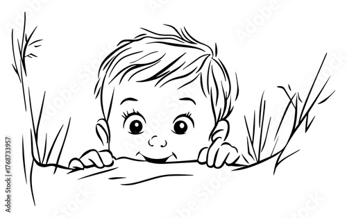 Curious baby peeking over grass – cute hand‑drawn vector illustration of child playing hide and seek