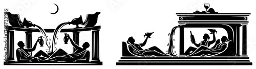 Ancient Roman bath scene silhouette – classical spa fountain with reclining figures, bold decorative vector illustration