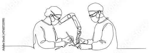 Robotic surgery operation continuous line art – surgeons operating with medical robot, minimalist vector illustration