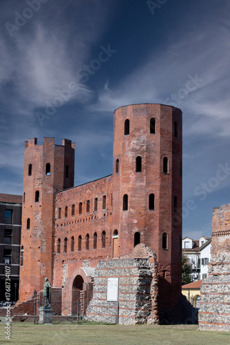 View of Porta Palatina, the ancient Roman gate in Turin, Italy
