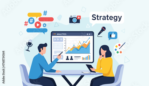 Content strategy, analytics report and marketing for social media planning