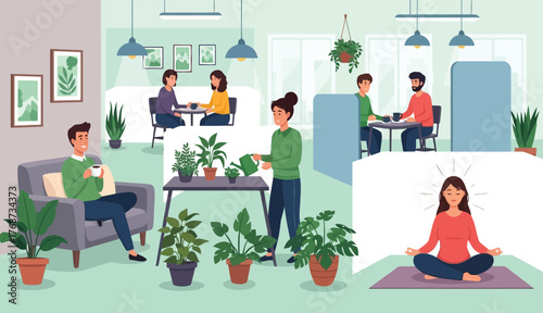 Relaxed People in Workplace with Plants