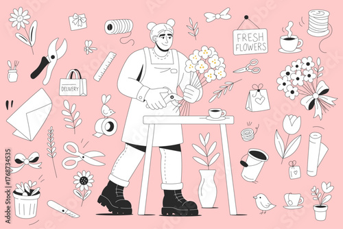 Female florist arranging flowers with tools and accessories on pink background for floral shop and packaging design
