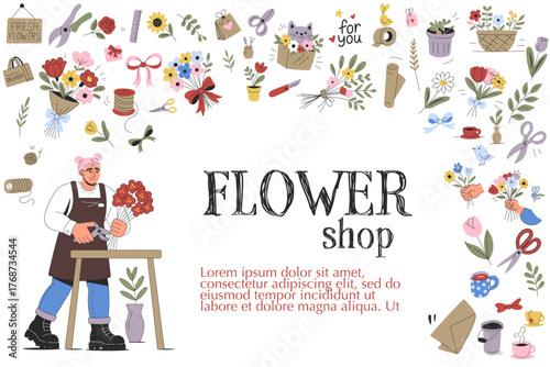 Flower shop illustration with florist arranging flowers and decorative elements for cards and packaging design
