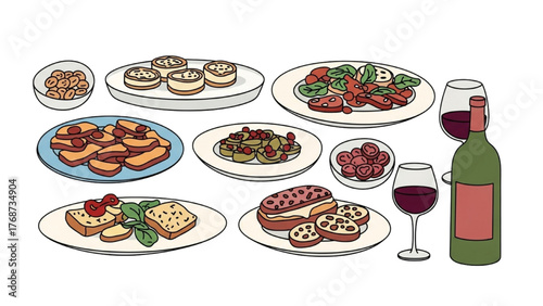 A vibrant collection of diverse illustrated dishes and delightful appetizers paired with elegant red wine for a sophisticated culinary spread design