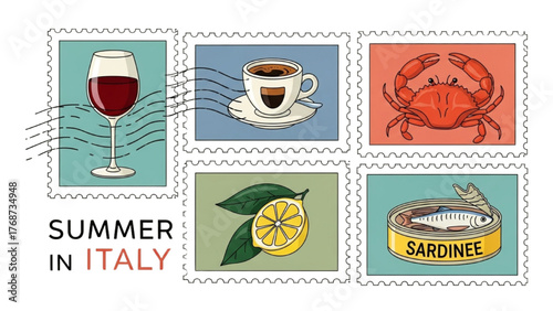 Italian Summer Wine, Coffee, Seafood, and Citrus Icons