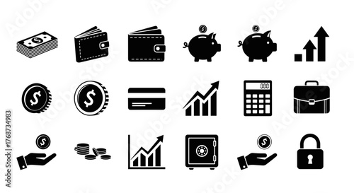 Finance and banking icons collection representing money, growth, security and savings