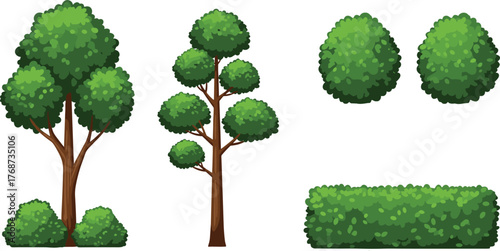 Cartoon Trees, Bushes, and Hedges Vector Set for Game Backgrounds, Nature Park Scenery, Garden Landscaping, or Digital Environment Design Assets.