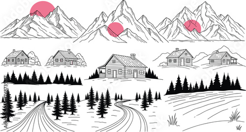 Ultimate Hand-Drawn Mountain and Cabin Vector Kit, Outdoor Adventure Landscape Elements with Pine Trees, Winding Roads, and Rustic Log Houses.